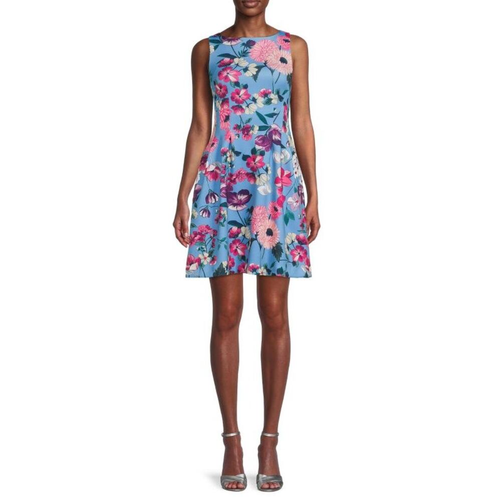 Vince Camuto Floral Blue Pink Fit and Flare Scuba Dress Midi Spring Size 10
